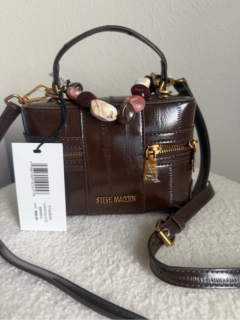 Steve Madden Brown Patent Mini Satchel with Beaded Accent